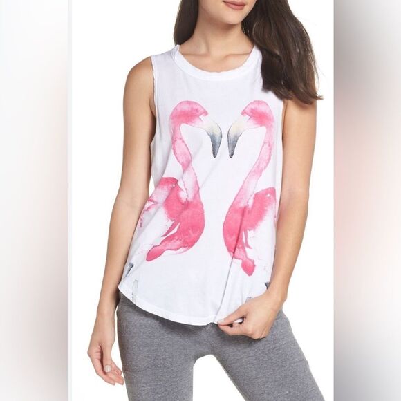 Chaser white cotton muscle tank top with painted flamingos. Large. - Picture 1 of 6